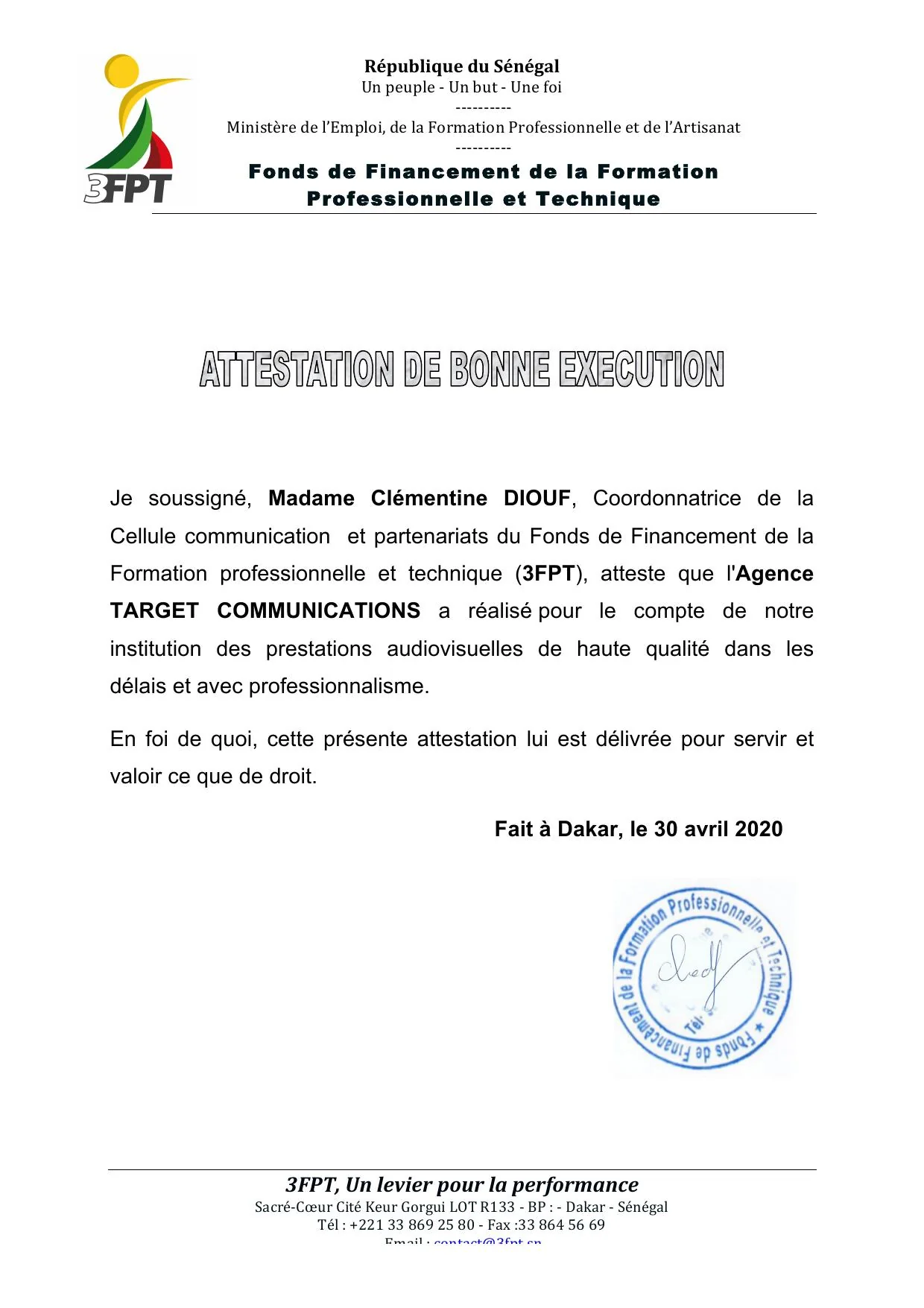 Attestation de bonne exécution — 3FPT